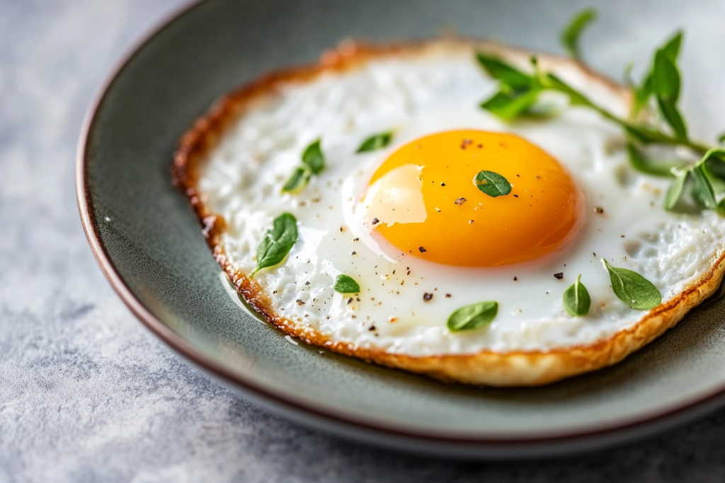 Fried egg cooked in olive oil with crispy edges and fresh herbs