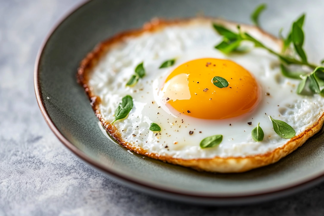 Fried egg cooked in olive oil with crispy edges and fresh herbs