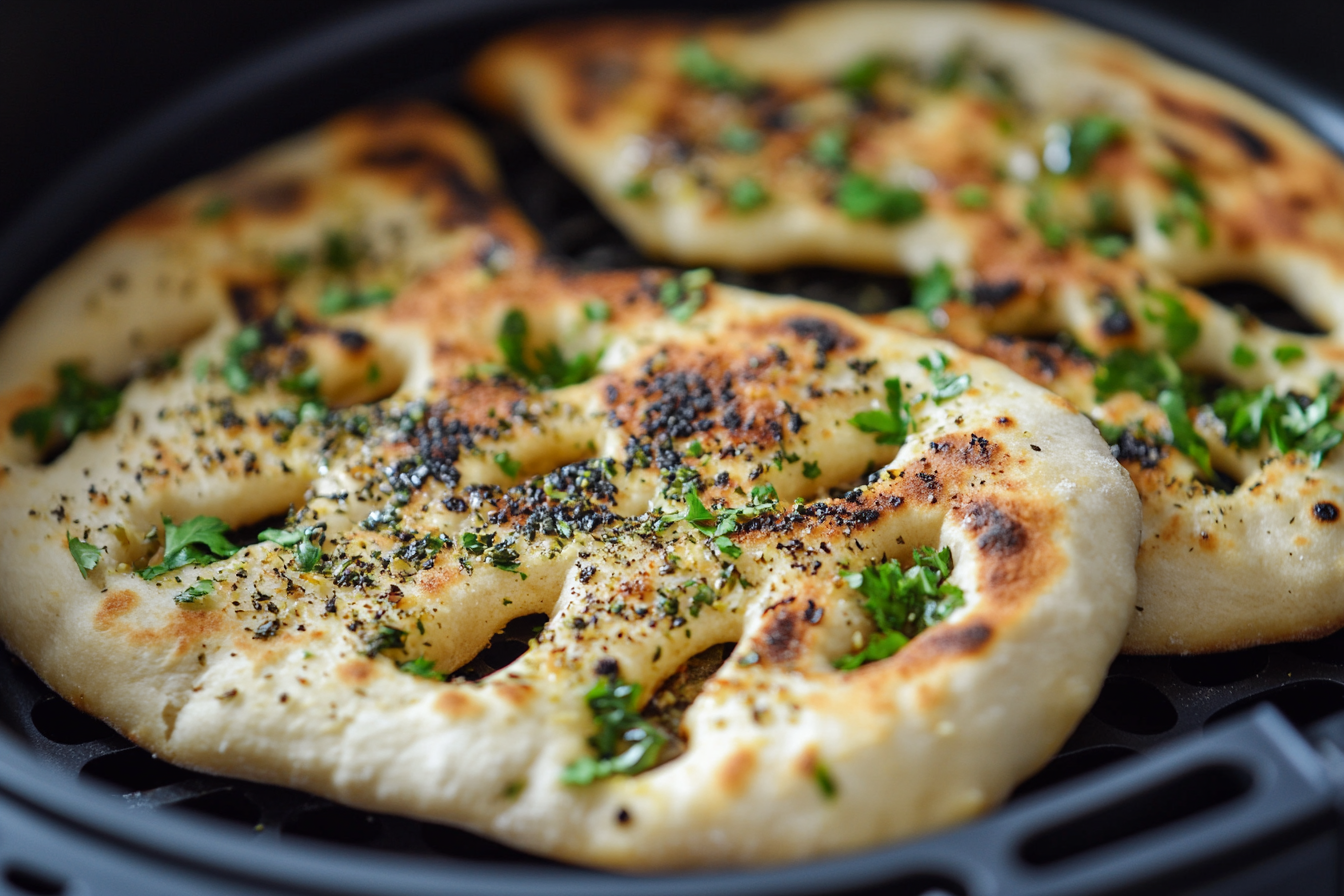 Heating flatbread in an air fryer for a crispy, golden result.
