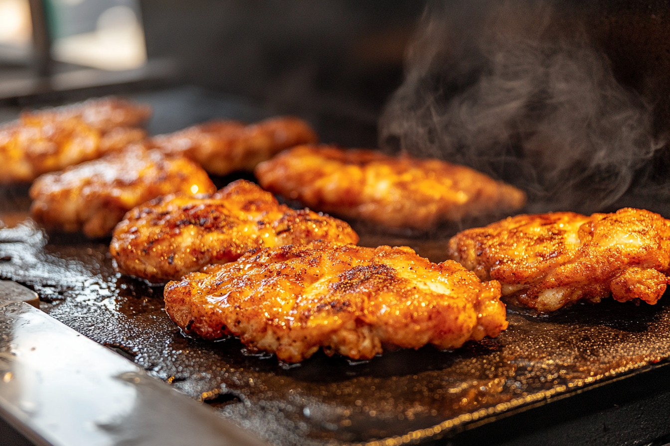 Fried chicken cooking on a Blackstone griddle
