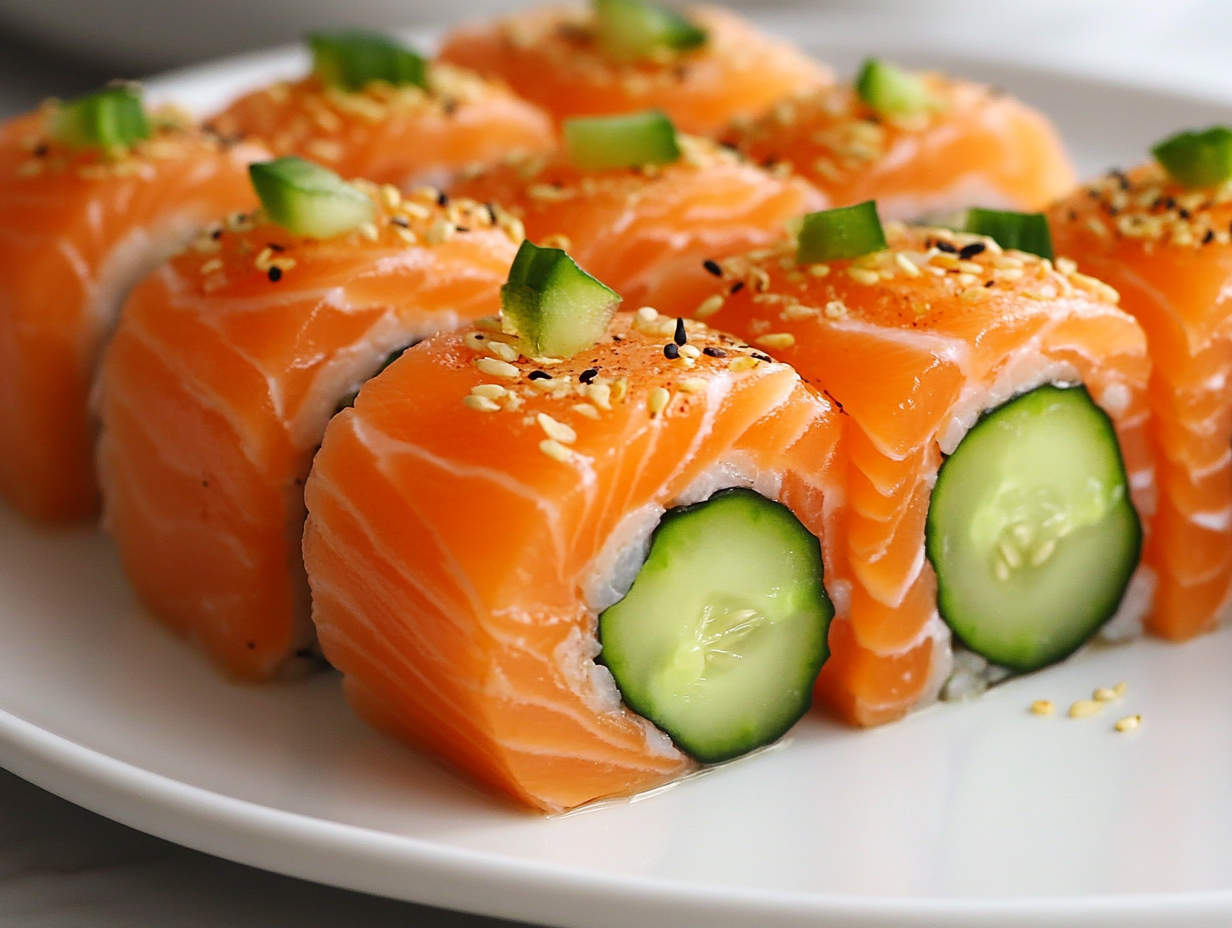 "Chatelaine smoked salmon roll on cucumber garnished with sesame seeds and diced cucumber