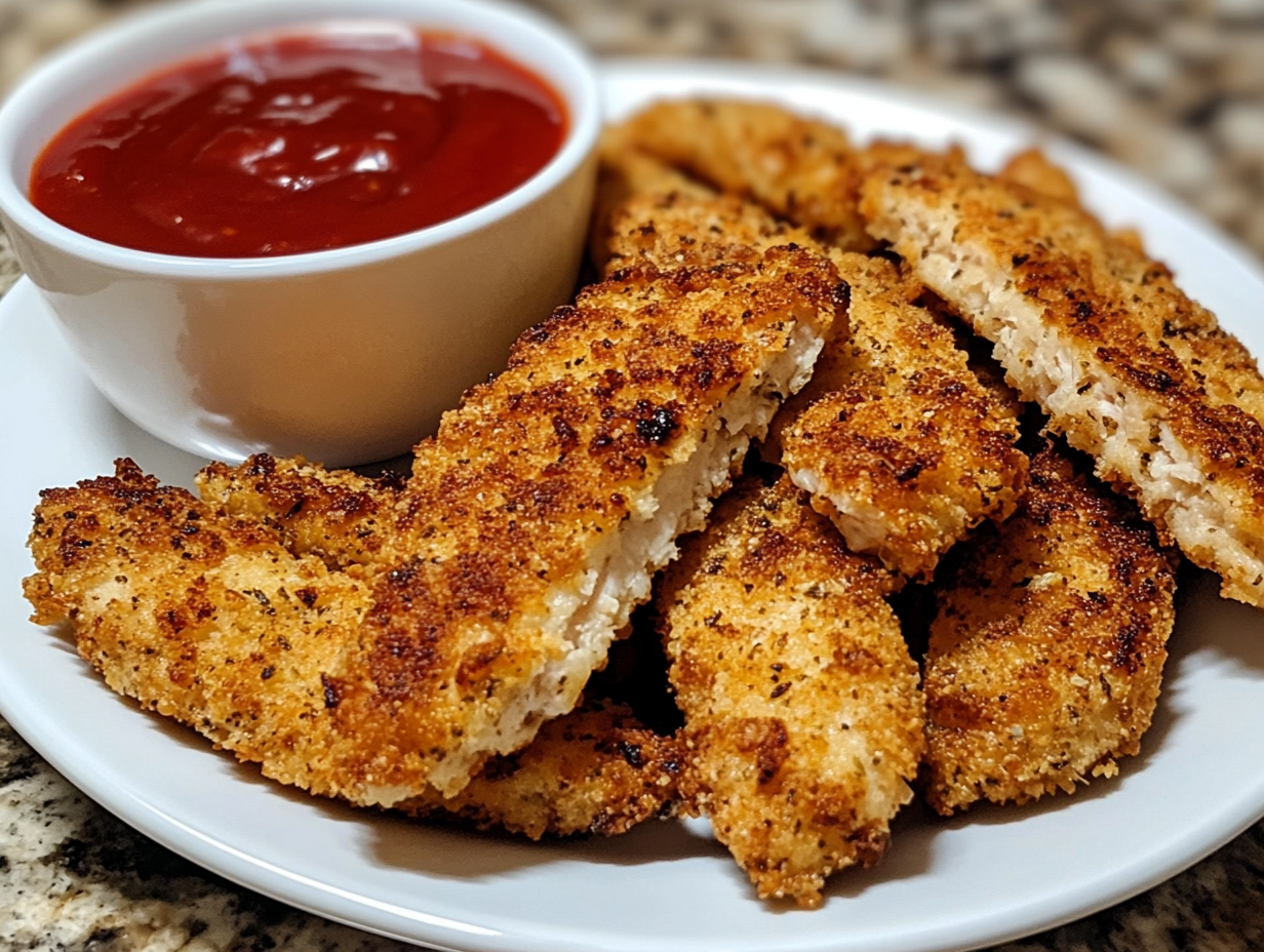 Air-fried crispy chicken fries served with dipping sauce