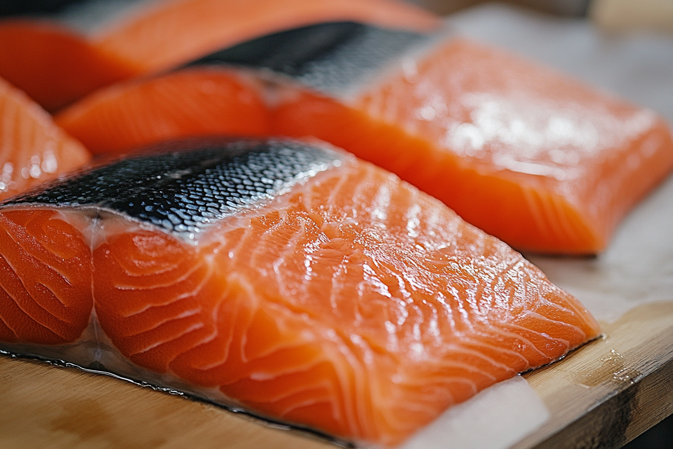 Crispy coho salmon skin cooking in a pan