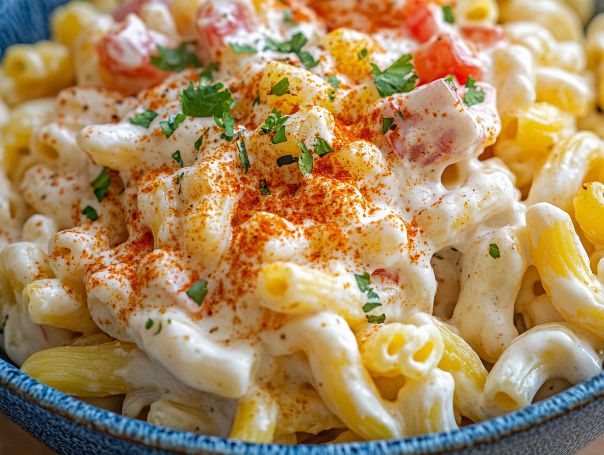 Creamy Elote Pasta Salad topped with paprika and cilantro.