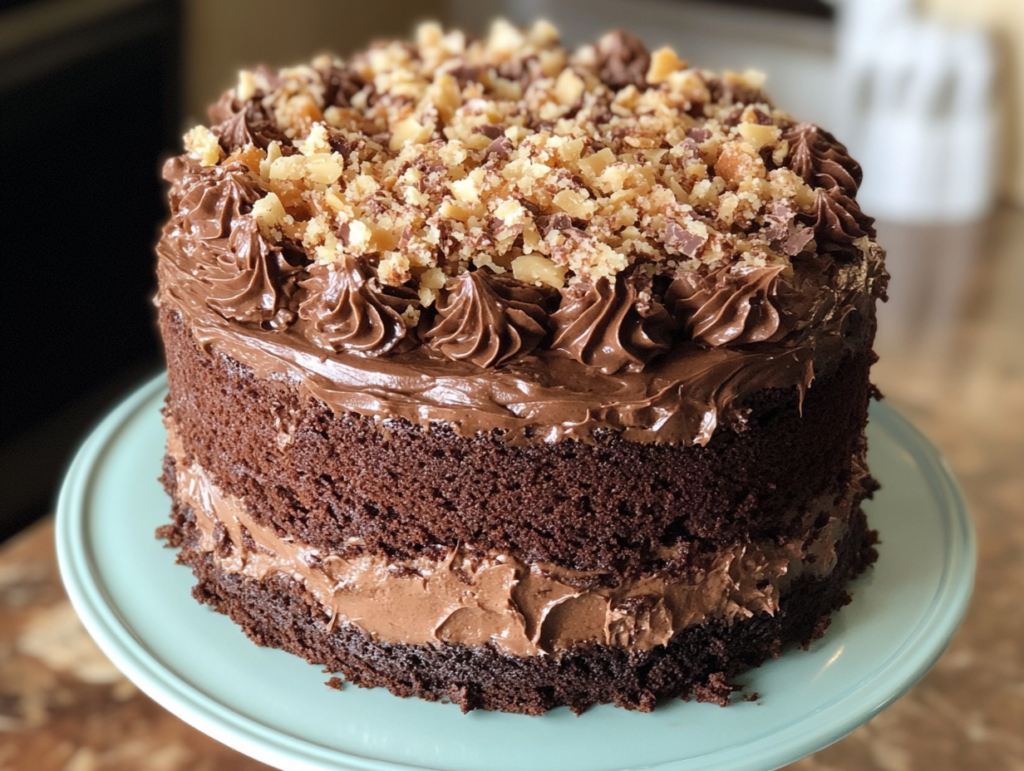 German chocolate cake with rich frosting and nut topping