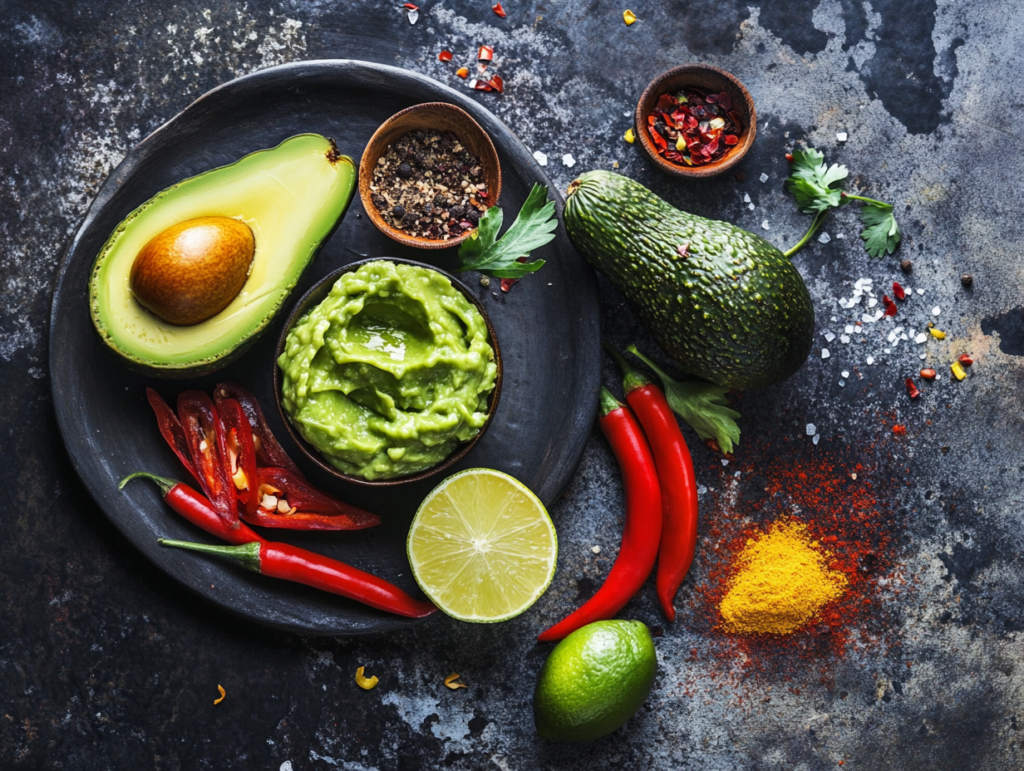 Guacamole seasoning ingredients with avocado, spices, and chili peppers