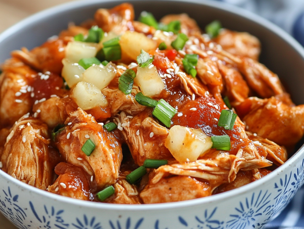 Sweet Hawaiian crockpot chicken garnished with pineapple and green onions.