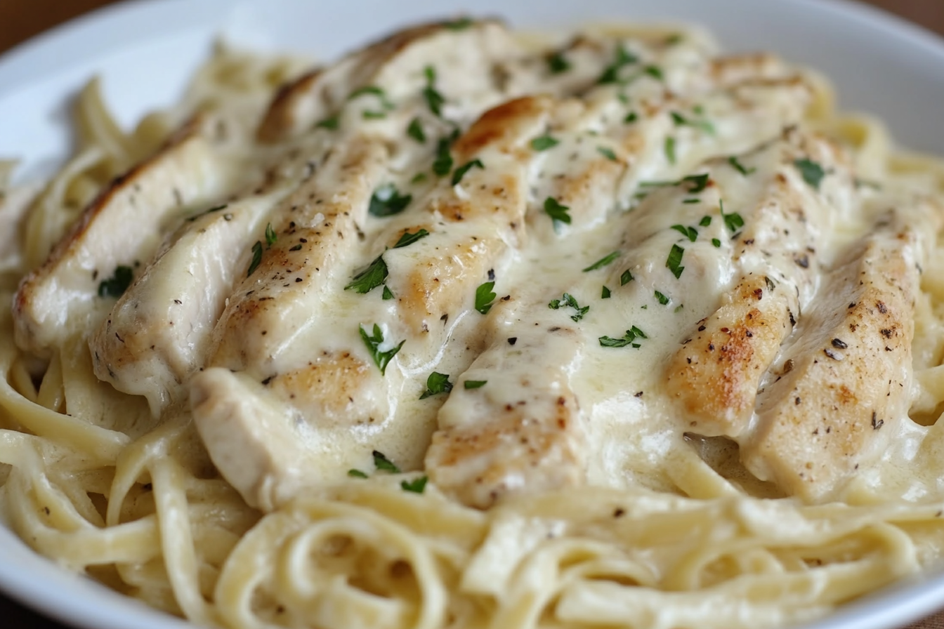 Delicious Chicken Alfredo pasta with creamy sauce and fresh herbs
