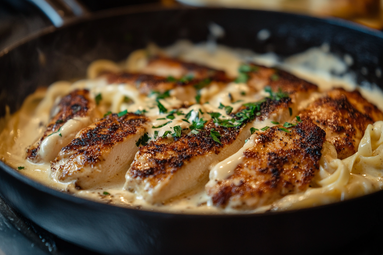 Blackened chicken Alfredo dish with creamy sauce and pasta