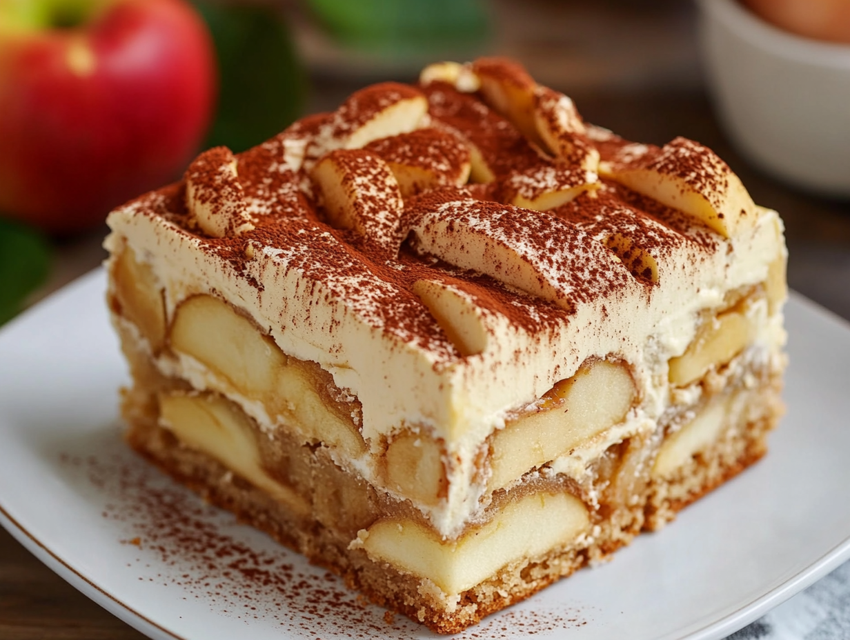 Frozen apple cake slice with cream layers and apple pieces