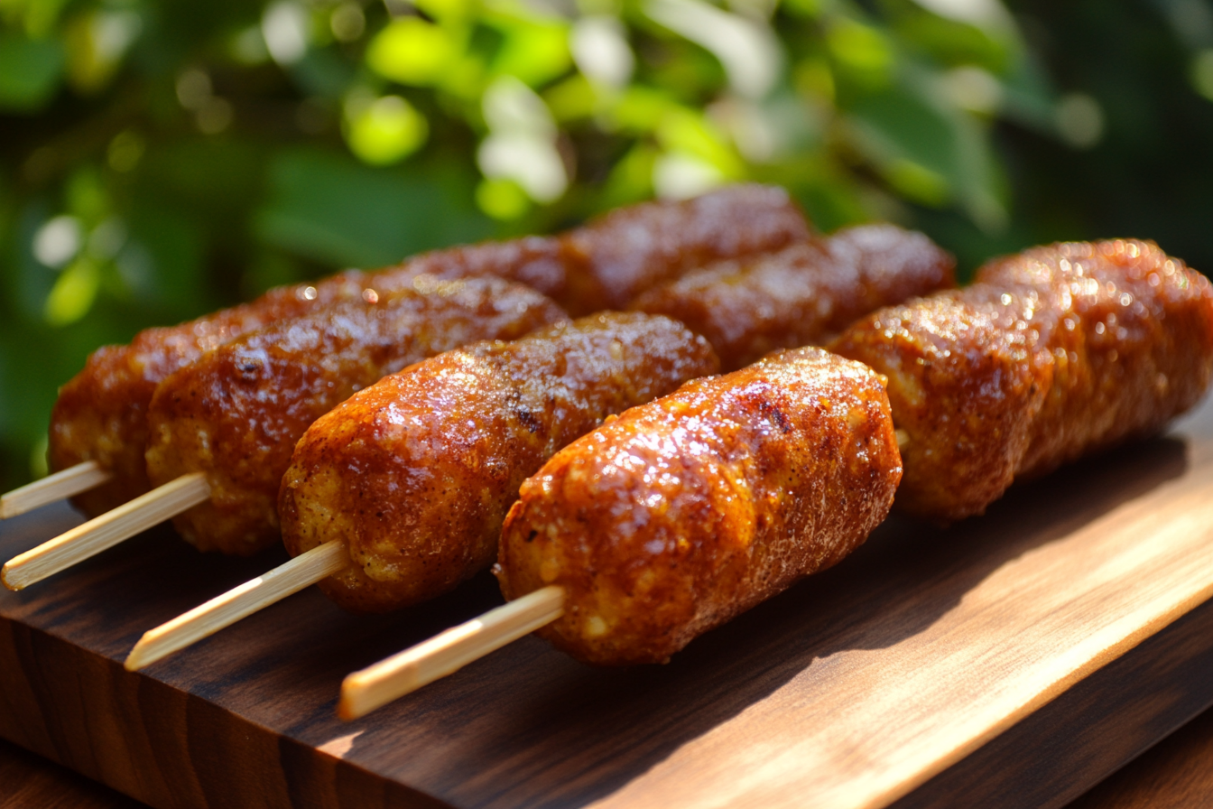 Grilled Hormel mini corn dogs on skewers
