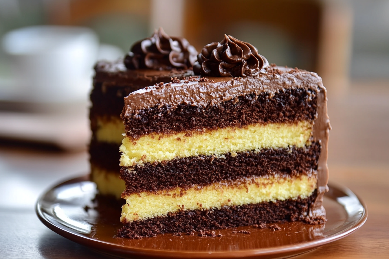 A slice of homemade-looking chocolate and vanilla layered cake with chocolate frosting.