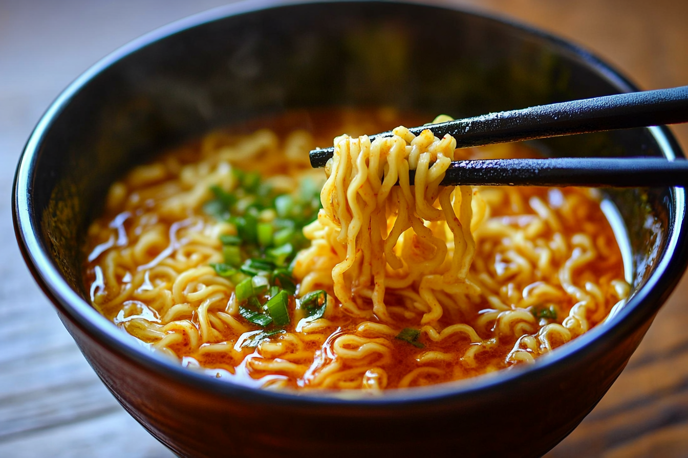 Bowl of 2X Spicy Ramen noodles with fiery red sauce