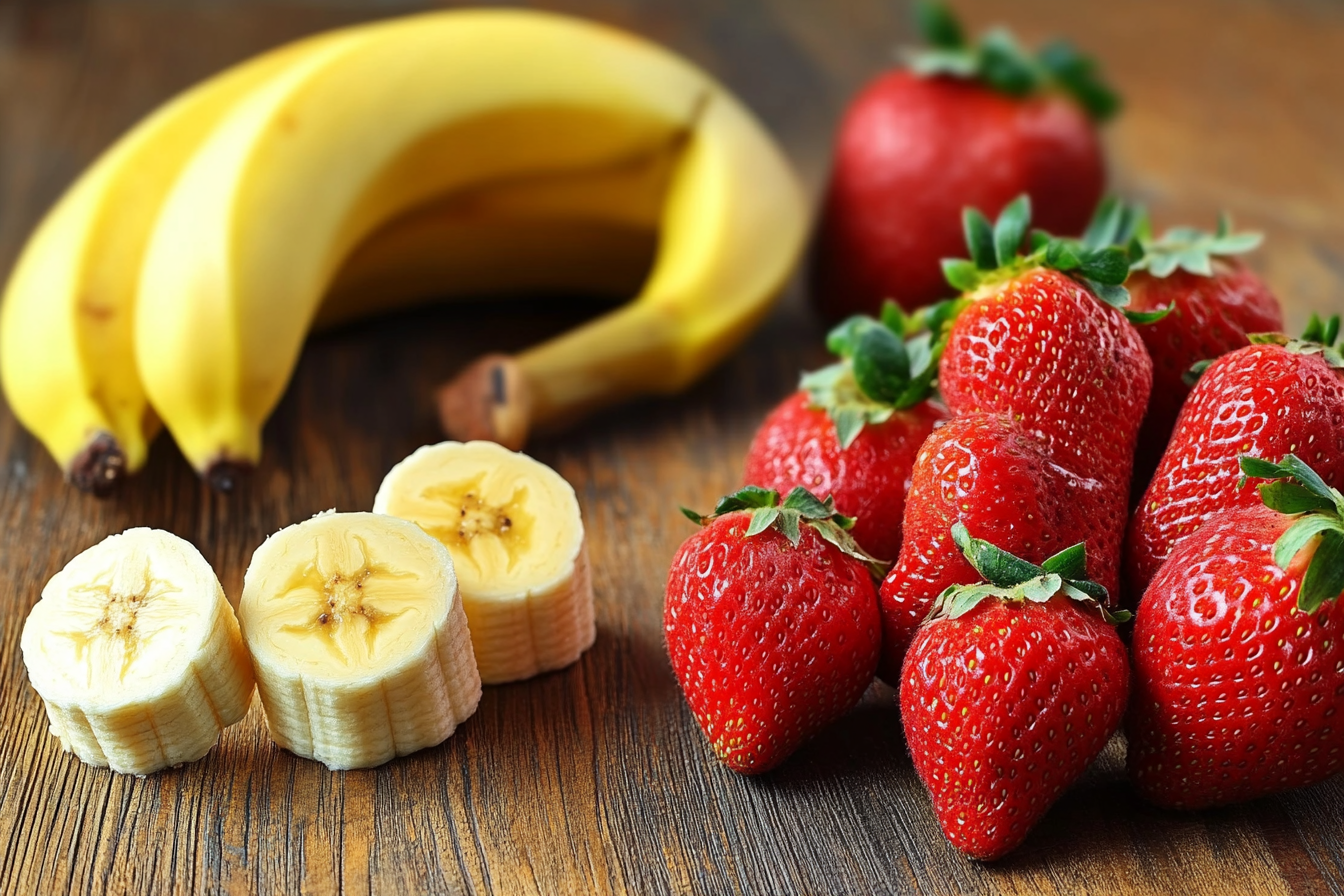 Fresh strawberries and bananas mixed for a healthy smoothie