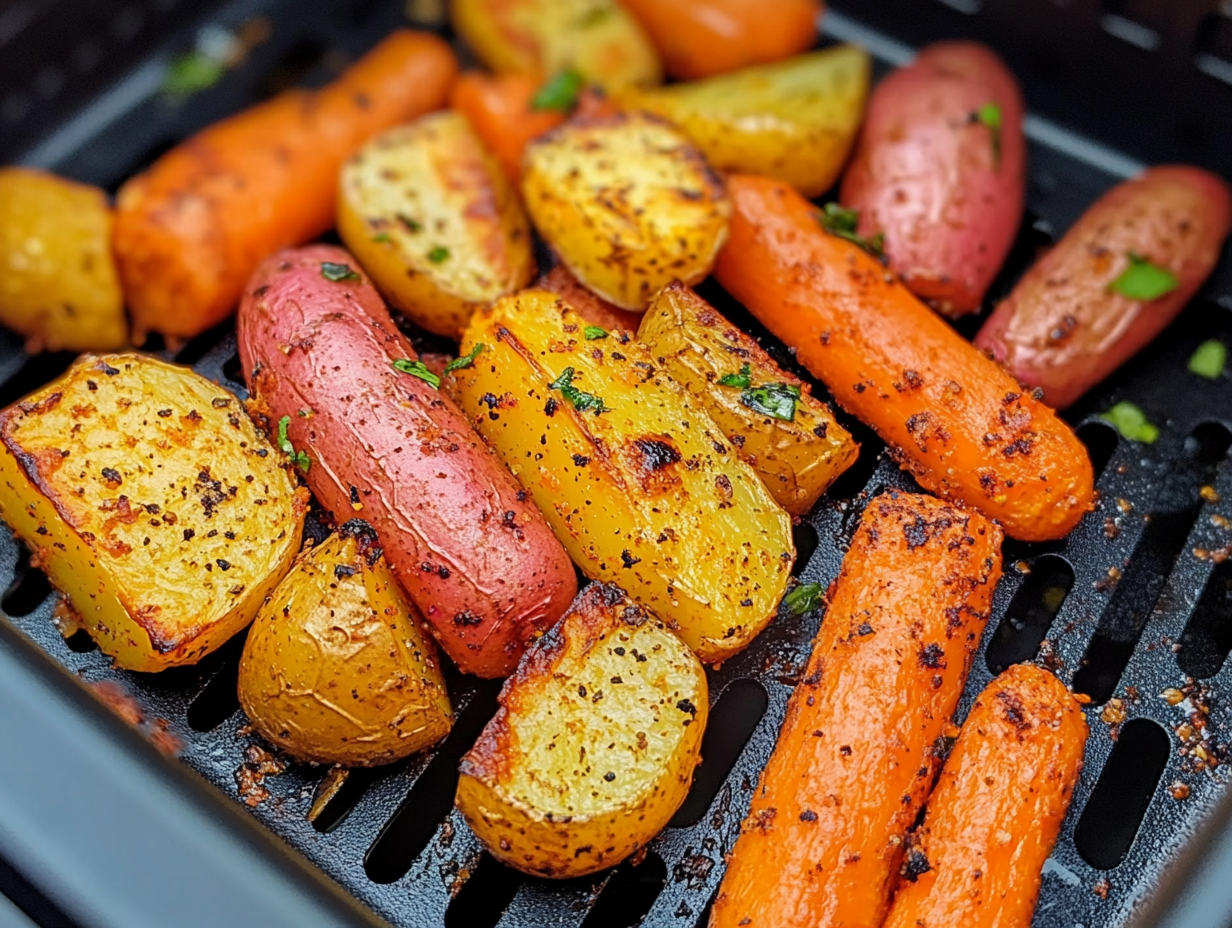 Roasted carrots and red potatoes in Ninja air fryer, perfectly crisped with seasoning.