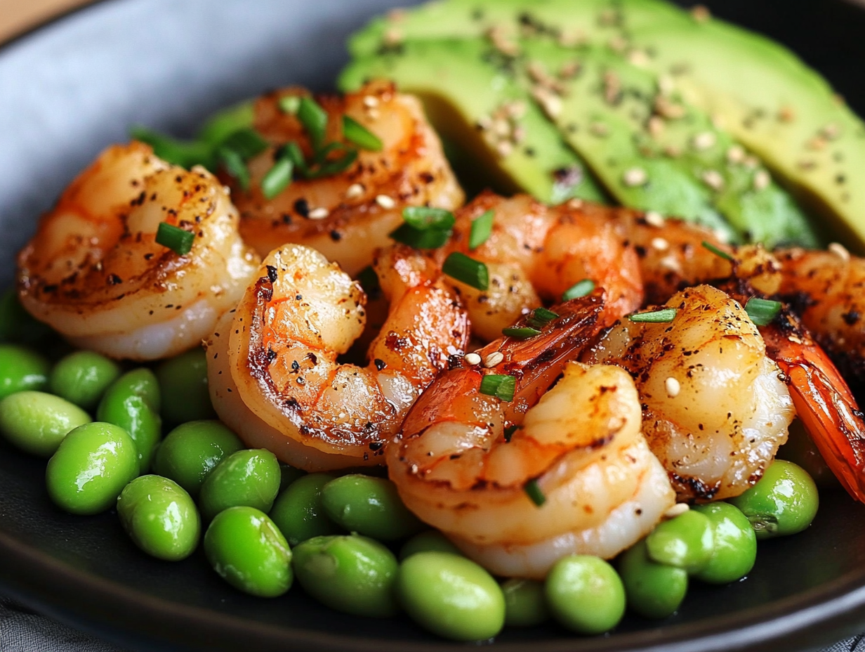 Grilled shrimp with avocado and edamame
