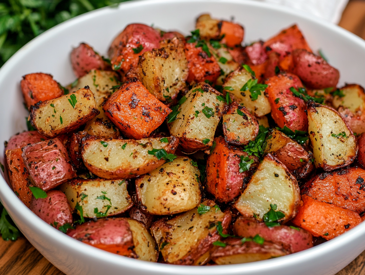 Simple roasted carrots and red potatoes in Ninja air fryer, served in a white bowl.
