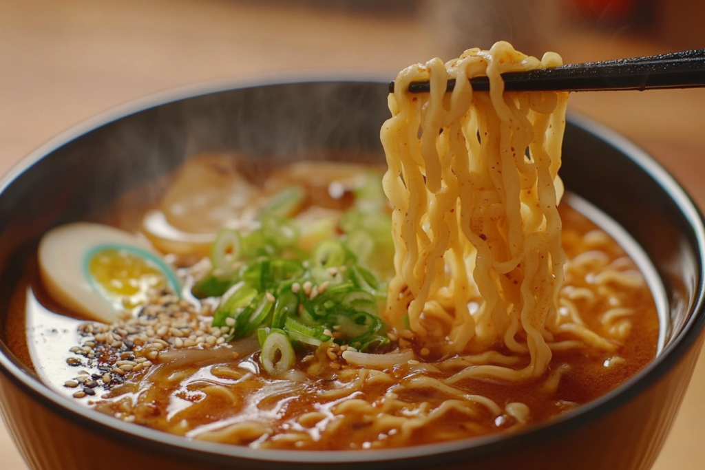 A bowl of spicy ramen with noodles, broth, and toppings