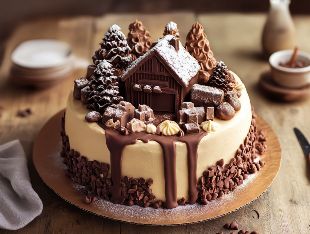 "Swiss Chocolate Chalet Cake decorated with chocolate chalet and trees."
