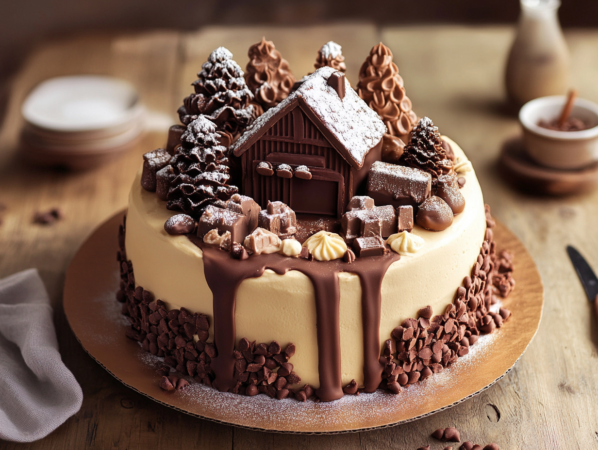 "Swiss Chocolate Chalet Cake decorated with chocolate chalet and trees."