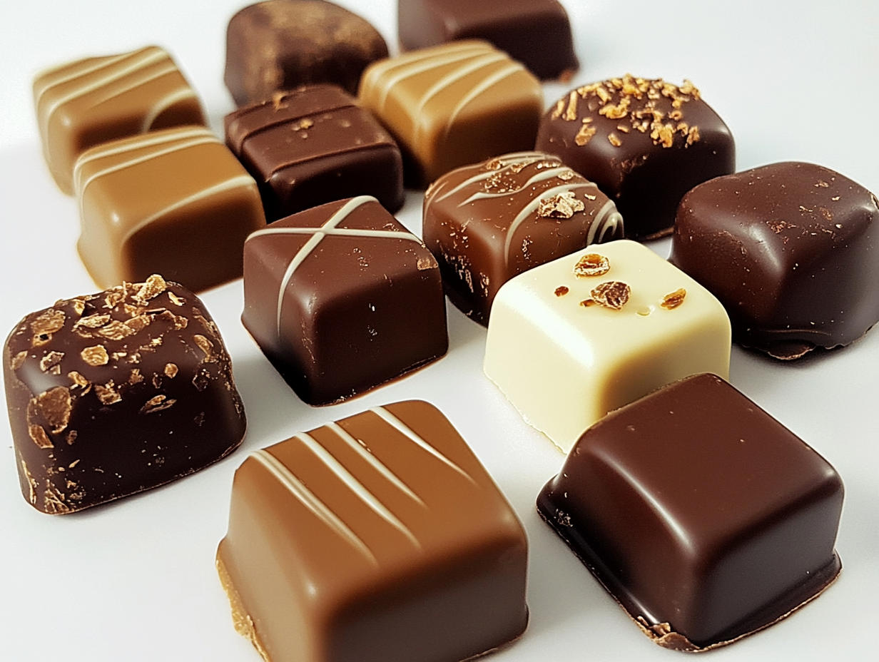 Assortment of premium Swiss chocolate pieces arranged on a white background