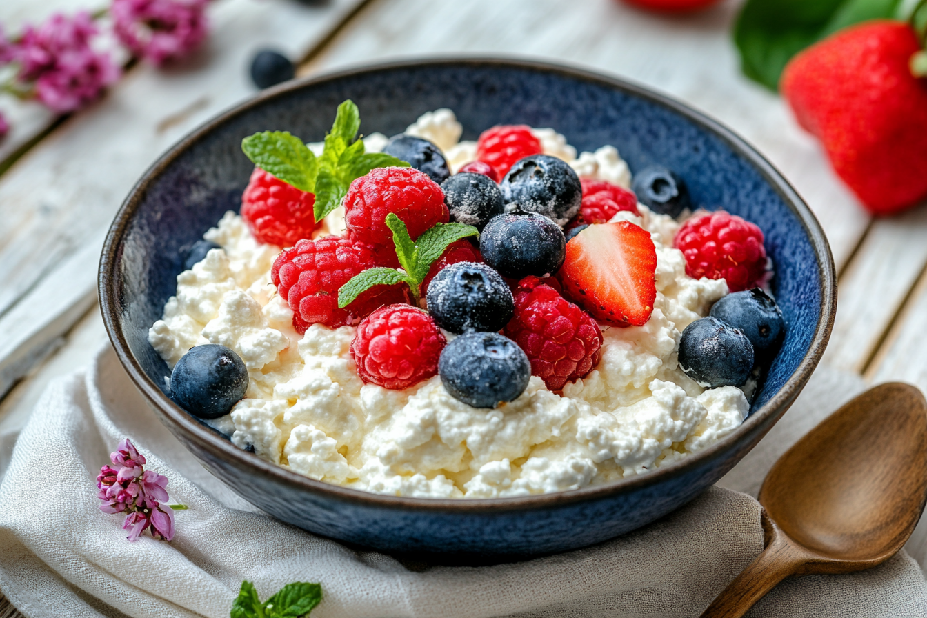 Cottage cheese with fresh fruit and savory toppings