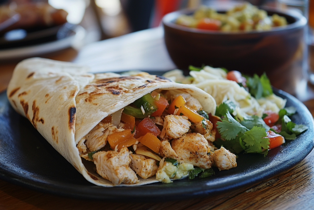 Delicious chicken wrap with fries and dipping sauce