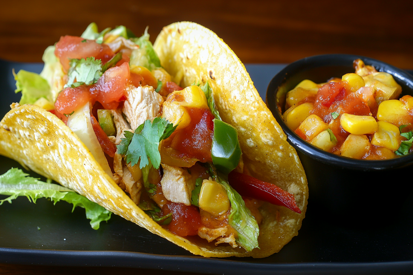 Delicious chicken tacos with perfect toppings and sides