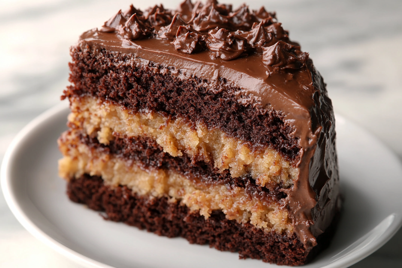 Slice of cake made with German chocolate cake mix substitute, featuring layers of coconut-pecan filling and rich chocolate frosting.