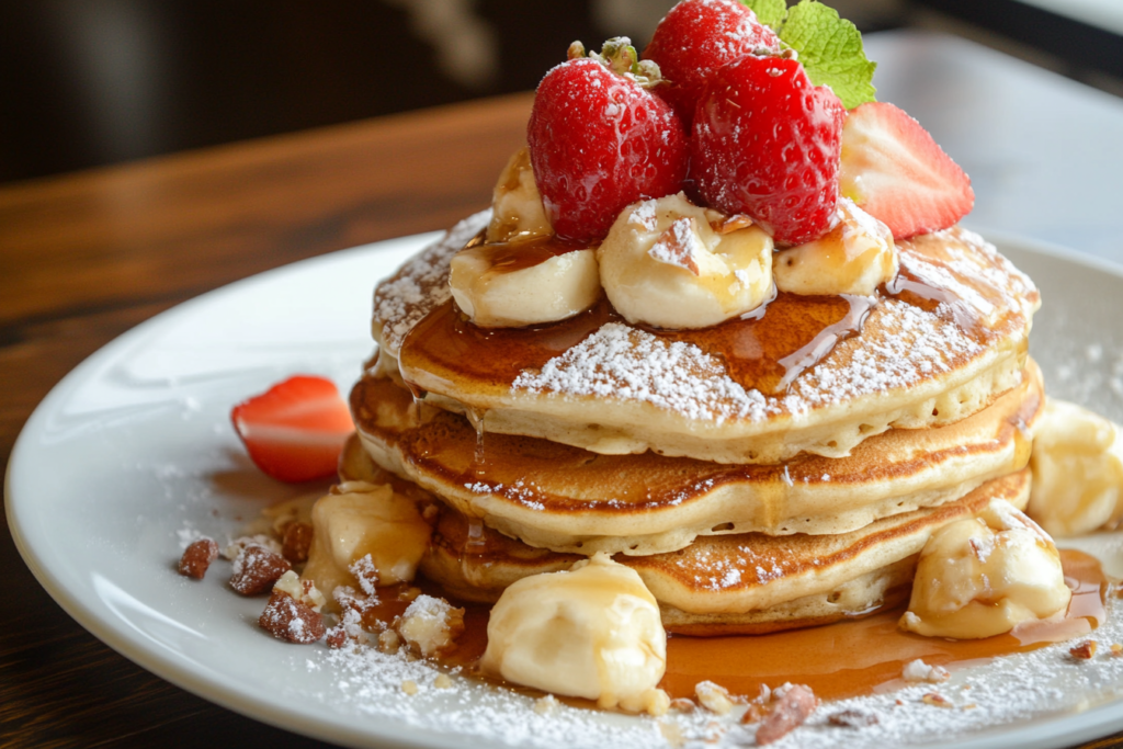 Fluffy pancakes with syrup and butter