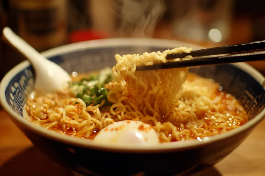 Bowl of spicy ramen with chili oil and toppings