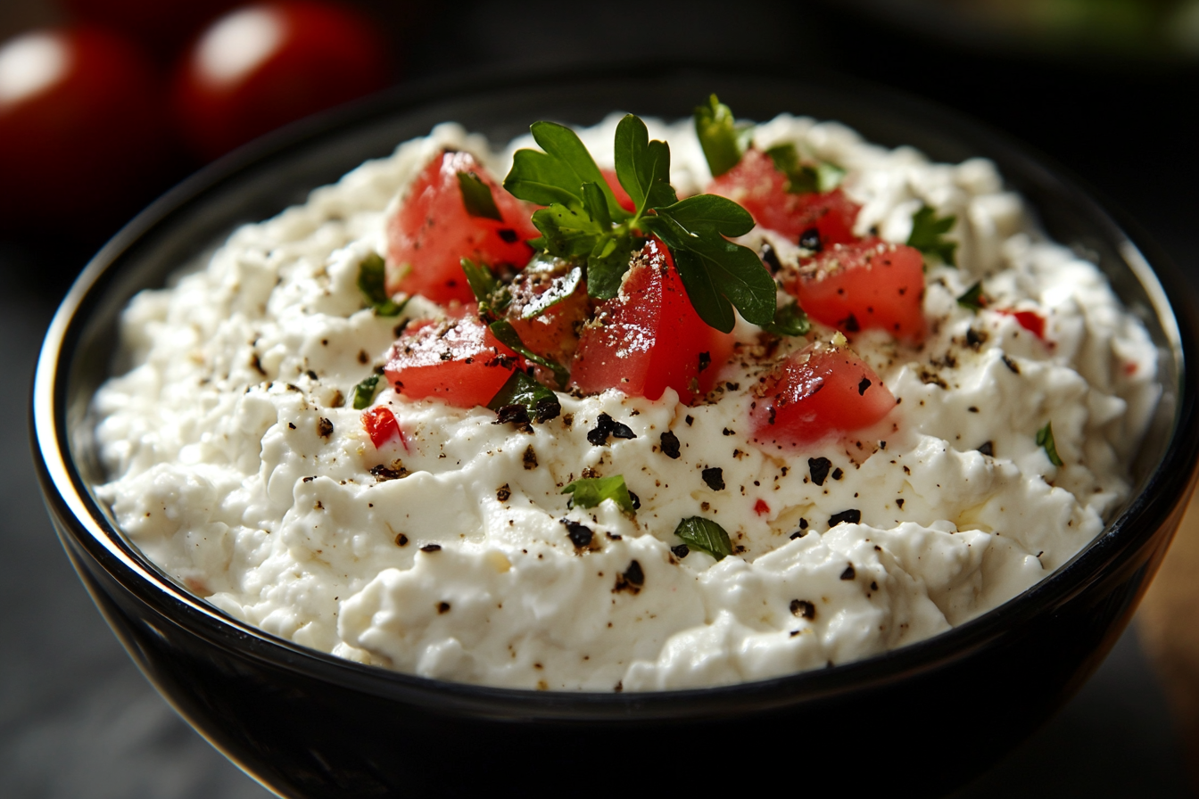 Delicious cottage cheese topped with herbs and seasonings