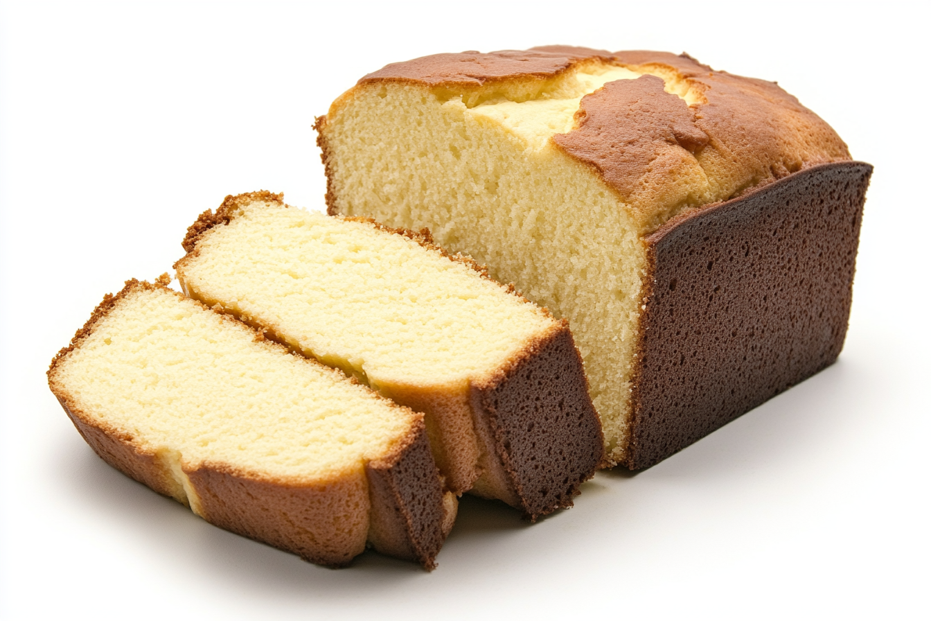 Loaf of pound cake with slices cut - What type of pan is best for pound cake?