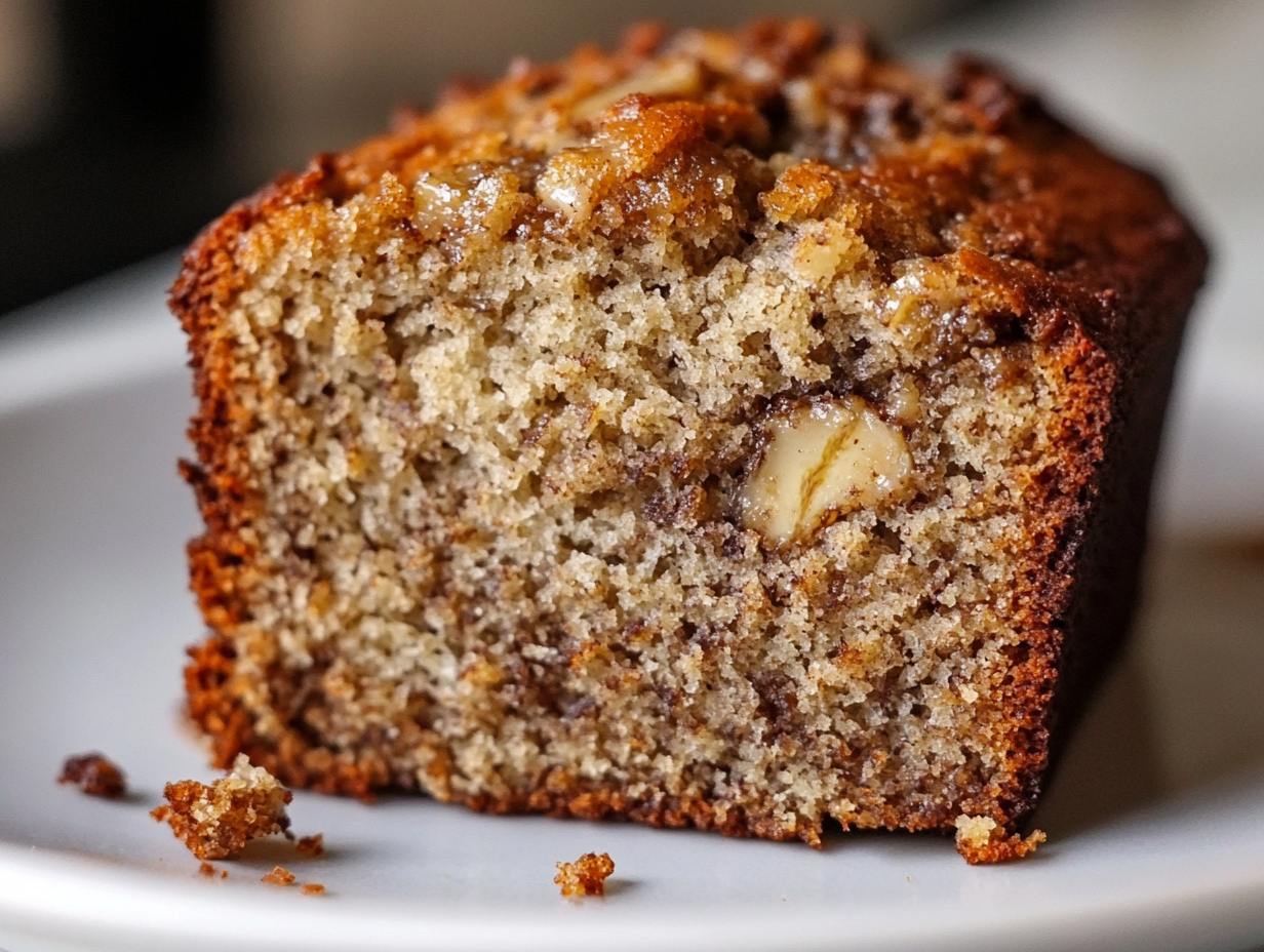 Close-up of banana bread slice showing gooey center.