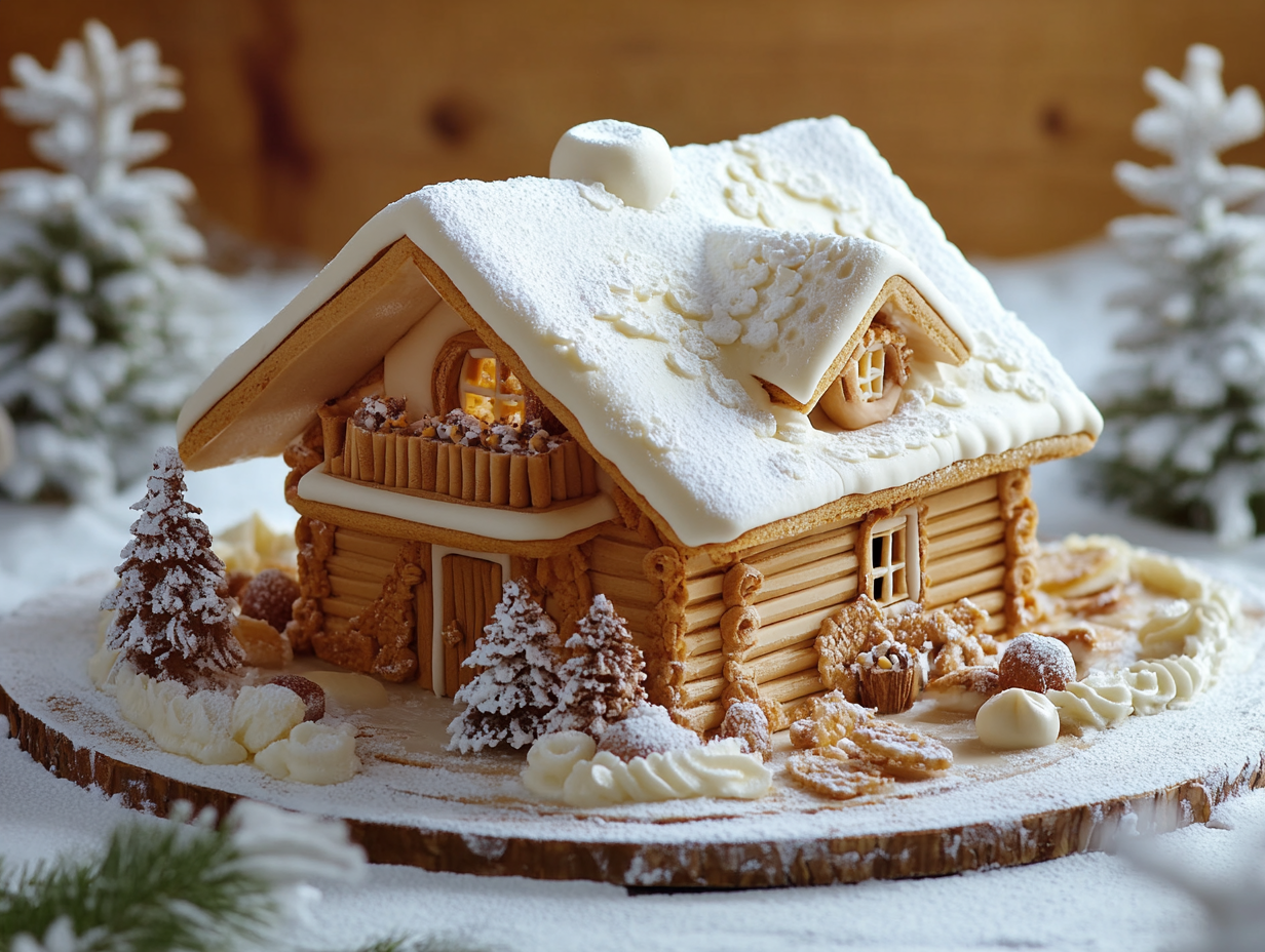 Chalet Cake in winter-themed design with intricate decorations