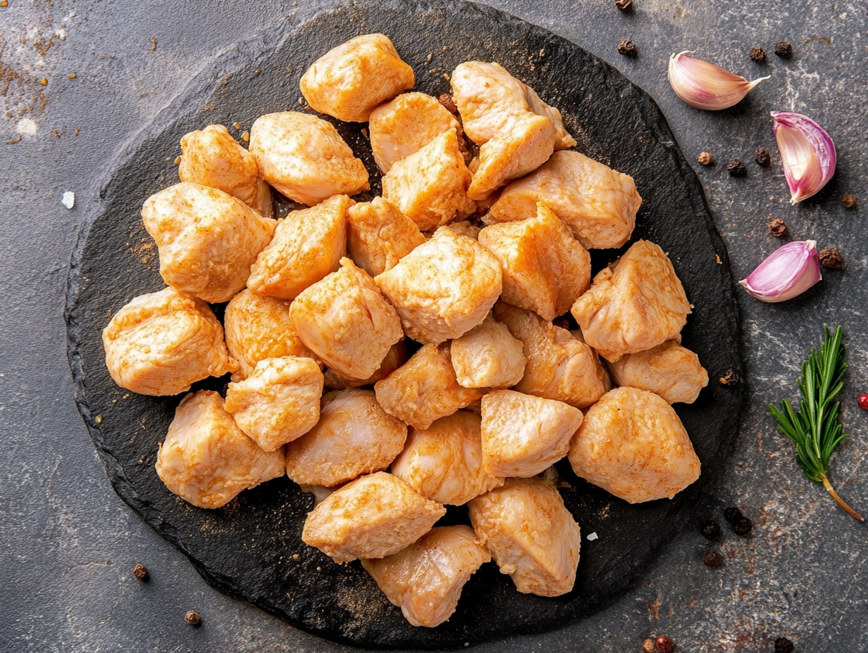 Chicken tenderloin chunks on a slate platter with garlic and herbs.