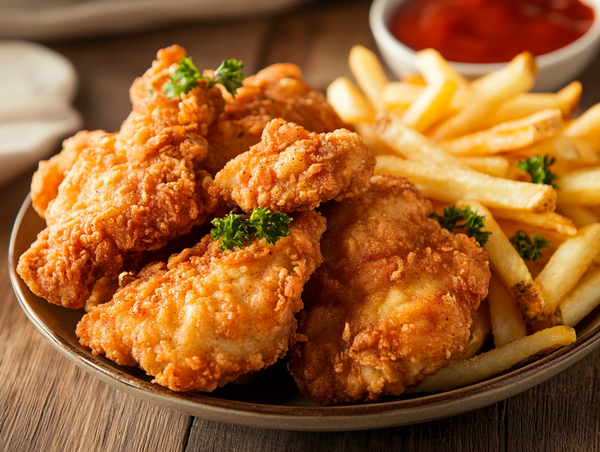 Plate of crispy chicken tenders and fries with garnish