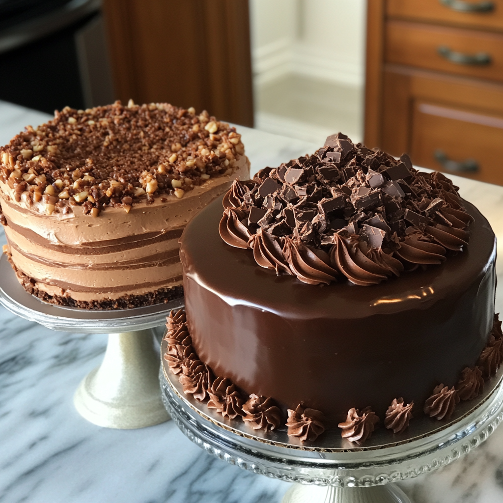 Chocolate cake and German chocolate cake side by side on cake stands.