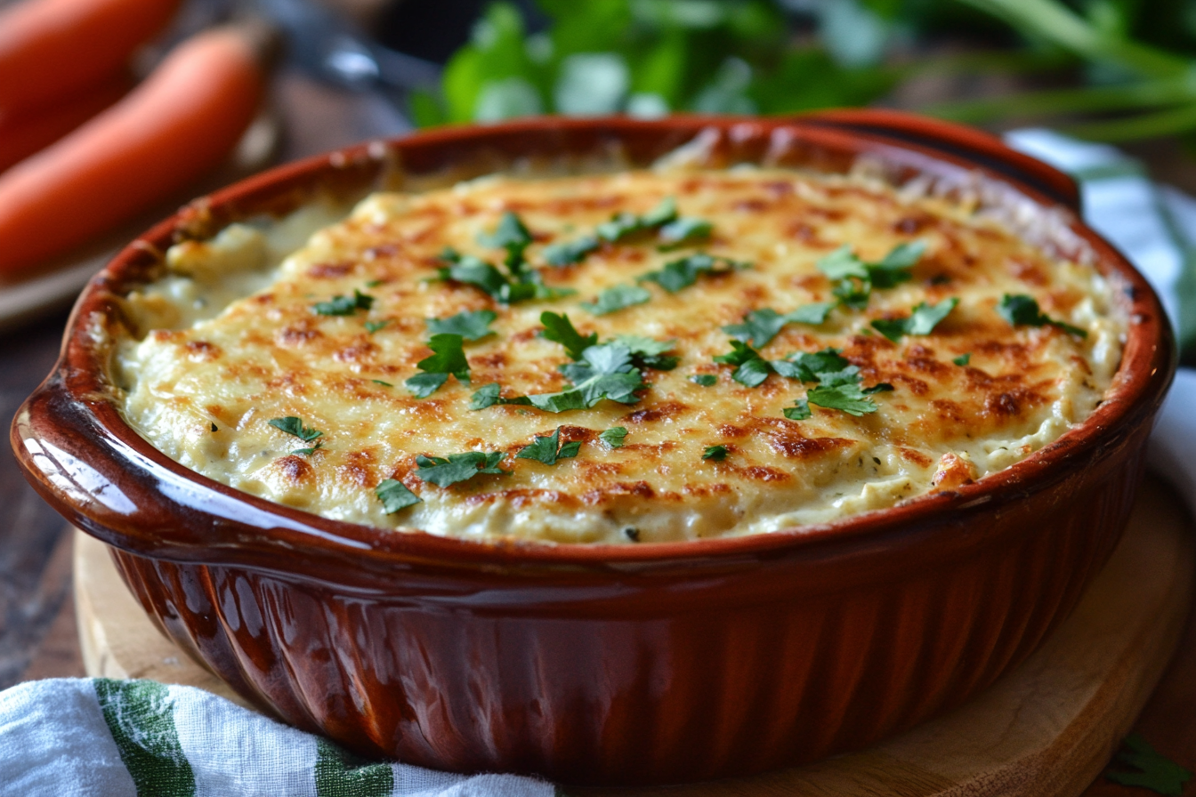 cottage cheese queso dip topped with melted cheese and fresh herbs.