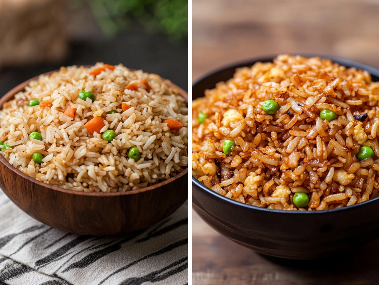 Side-by-side comparison of fried rice and Chinese fried rice with vegetables.