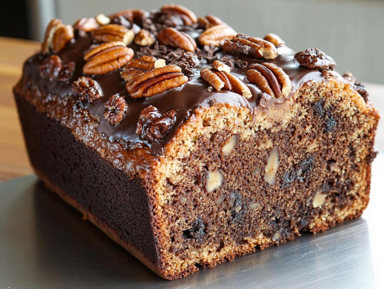German Chocolate Pecan Pound Cake topped with toasted pecans and chocolate glaze.
