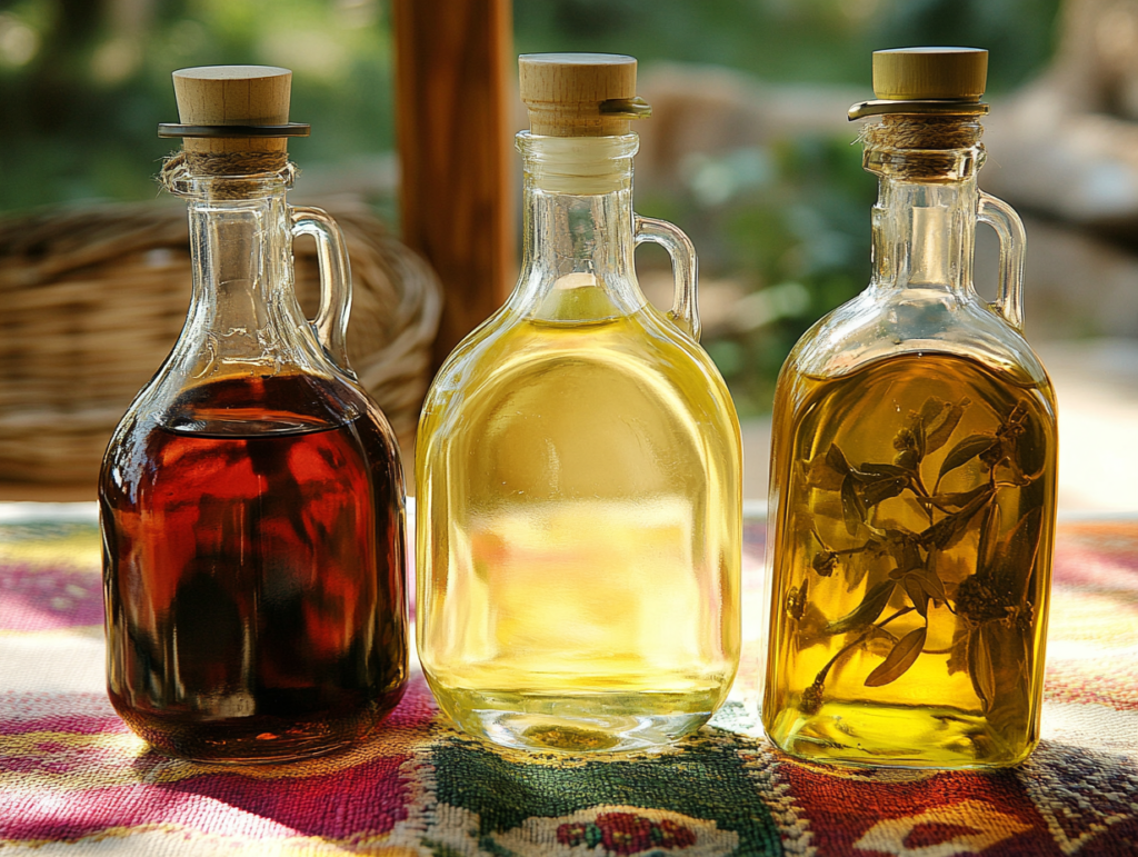 Three glass bottles of oils, including the healthiest oil for frying