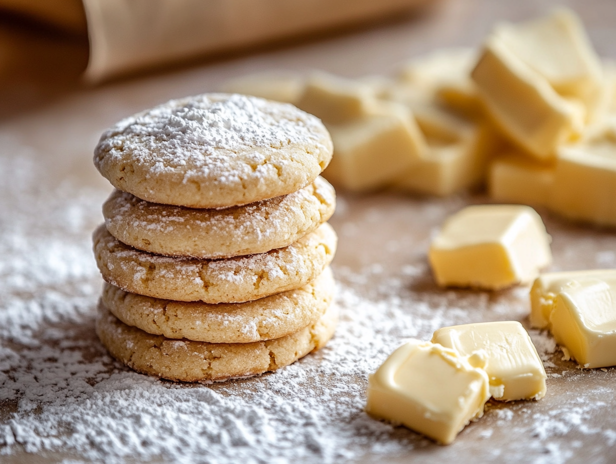 Stack of cookies made with melted butter, dusted with powdered sugar, with butter cubes in the background.