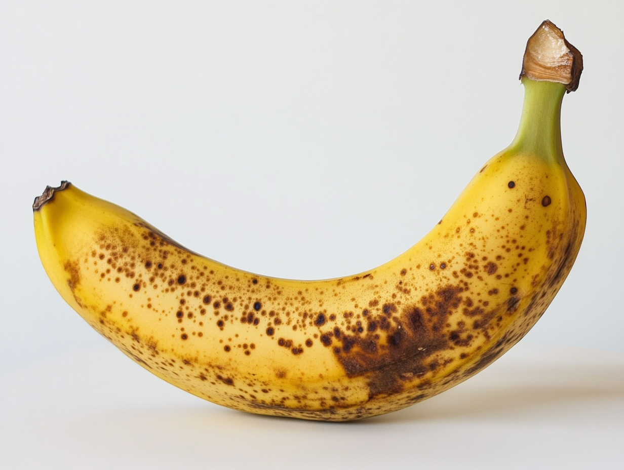 Ripe banana with spots demonstrating negative geotropism and upward curvature.