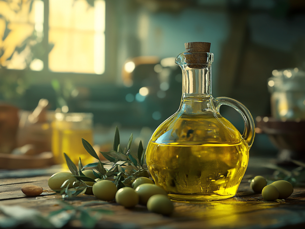 Olive oil bottle on a rustic table with olives, highlighting health benefits of frying in olive oil for cholesterol.