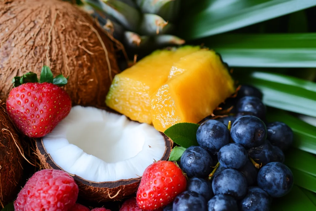 Fruits mixed with coconut in a tropical smoothie